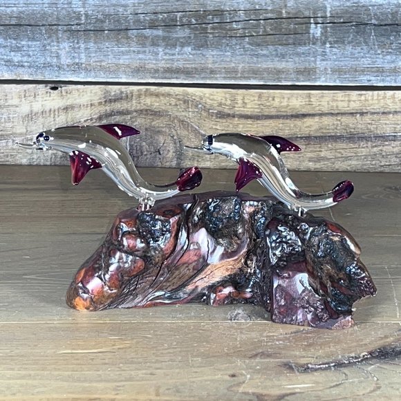 Dolphins Glass Sculpture Burl Knobby Wood Base Nautical Beach Ocean Decor